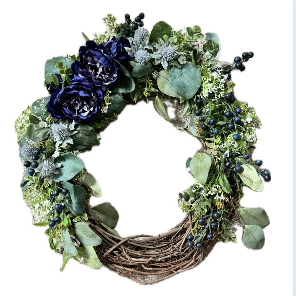 Blue Floral Grapevine Wreath